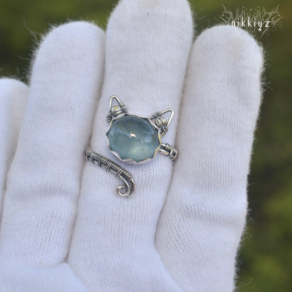 Aquamarine Kitty Silver Ring#240426-2